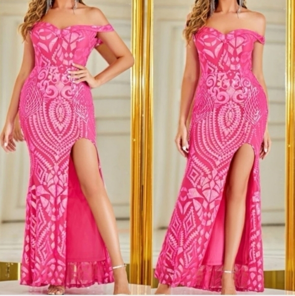 Hot Pink, geometric Sequin,off shoulder,Gown